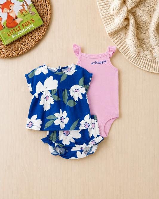 🌸Original Carter’s Baby Girl 3-Piece "So Happy" Summer Set – Royal Blue Floral & Pink