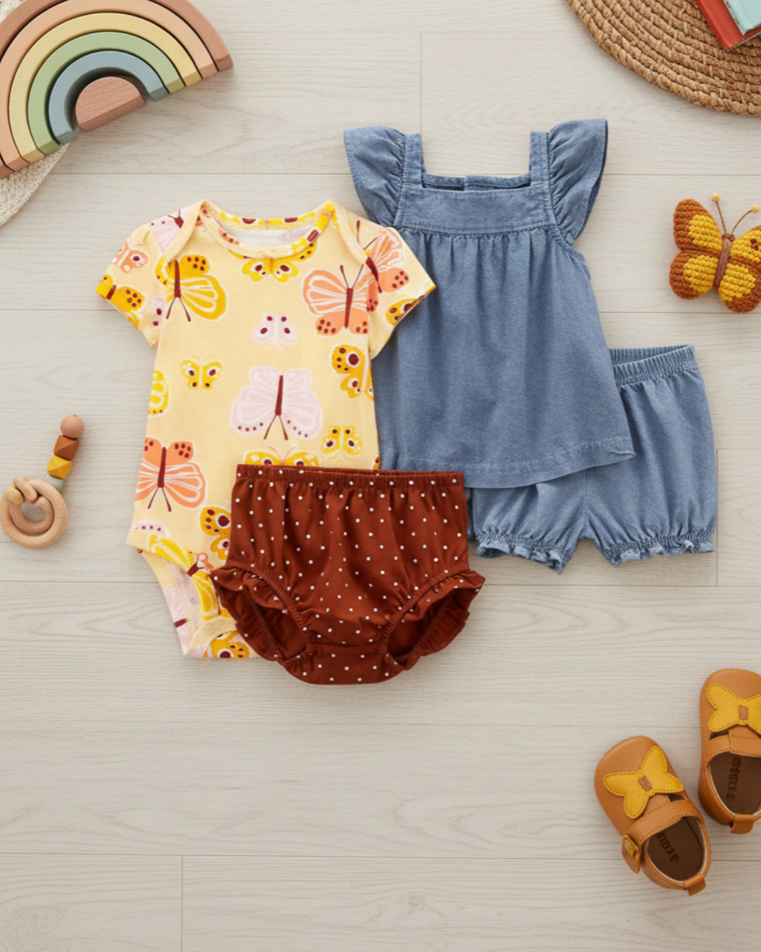 🦋 Carter’s Baby Girl 4-Piece Butterfly Garden Set – Denim & Terracotta