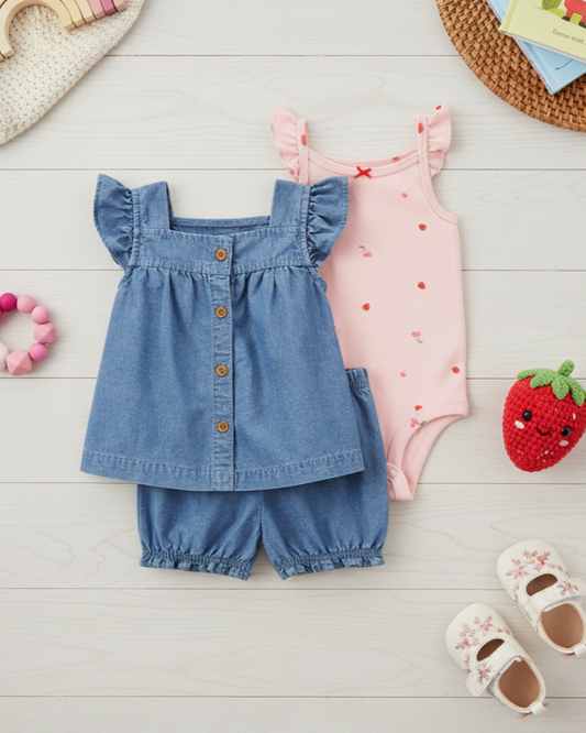 🍒 Carter’s Baby Girl 3-Piece Denim & Berry Sweet Summer Set