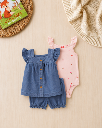 🍒Original Carter’s Baby Girl 3-Piece Denim & Berry Sweet Summer Set