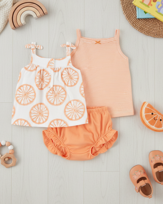 🍊 Carter’s Baby Girl 3-Piece Citrus Punch Summer Set – Peach & Orange