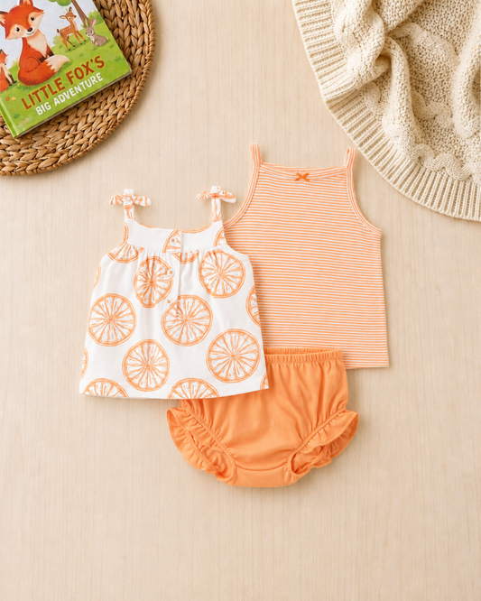 🍊Original Carter’s Baby Girl 3-Piece Citrus Punch Summer Set – Peach & Orange