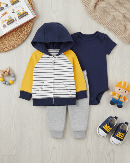 ⚓ Carter’s Baby Boy 3-Piece "Captain Stripe" Hoodie Set – Navy, White & Yellow
