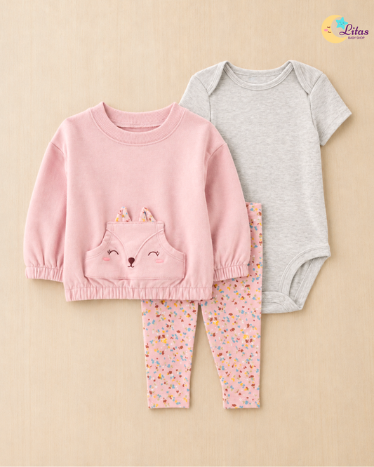 🦊Original Carter’s Baby Girl 3-Piece "Sweet Fox" Pullover Set – Pink & Floral