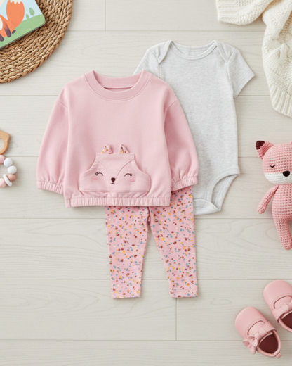 🌸 Carter’s Baby Girl 3-Piece "Sweet Fox" Pullover Set – Pink & Floral