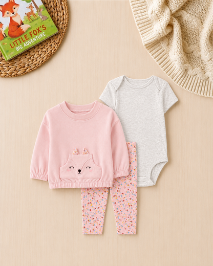 🦊Original Carter’s Baby Girl 3-Piece "Sweet Fox" Pullover Set – Pink & Floral