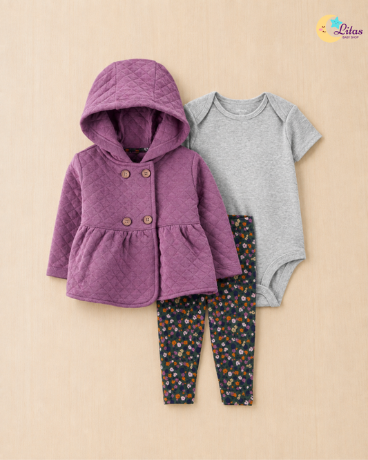 💜 Carter’s Baby Girl 3-Piece "Amethyst Quilted" Hoodie Set – Purple & Floral
