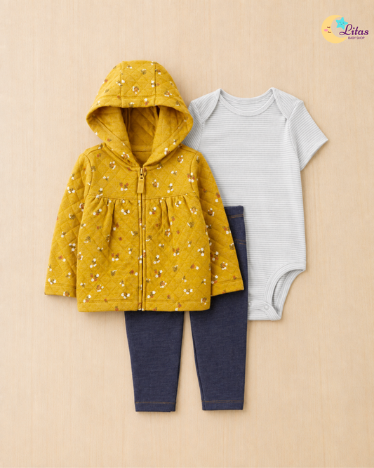 🌻 Carter’s Baby Girl 3-Piece "Quilted Floral" Hoodie Set – Mustard & Denim