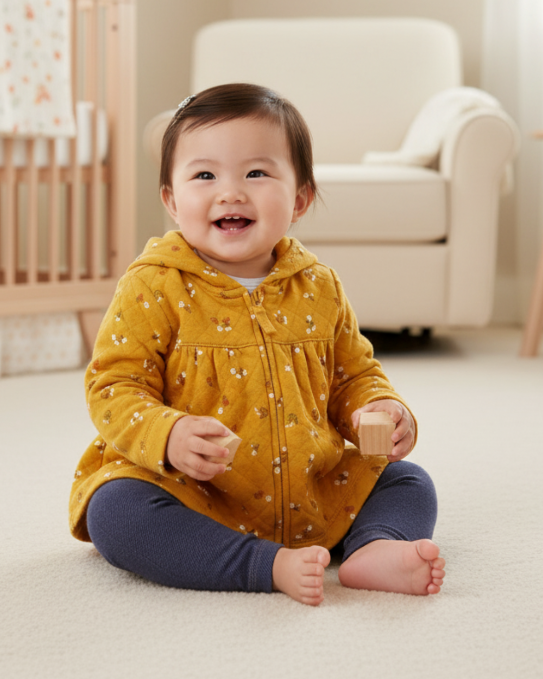🌻 Carter’s Baby Girl 3-Piece "Quilted Floral" Hoodie Set – Mustard & Denim