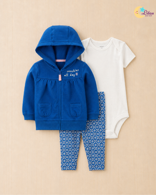 💙Original Carter’s Baby Girl 3-Piece "Sunshine All Day" Hoodie Set – Royal Blue & Geometric Print