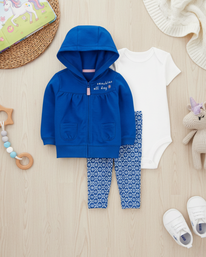 💙 Carter’s Baby Girl 3-Piece "Sunshine All Day" Hoodie Set – Royal Blue & Geometric Print
