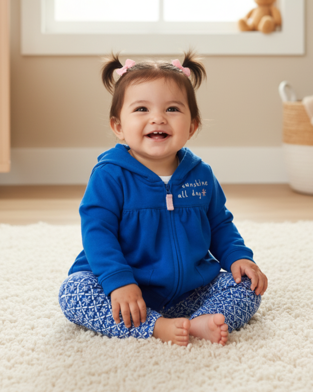 💙 Carter’s Baby Girl 3-Piece "Sunshine All Day" Hoodie Set – Royal Blue & Geometric Print