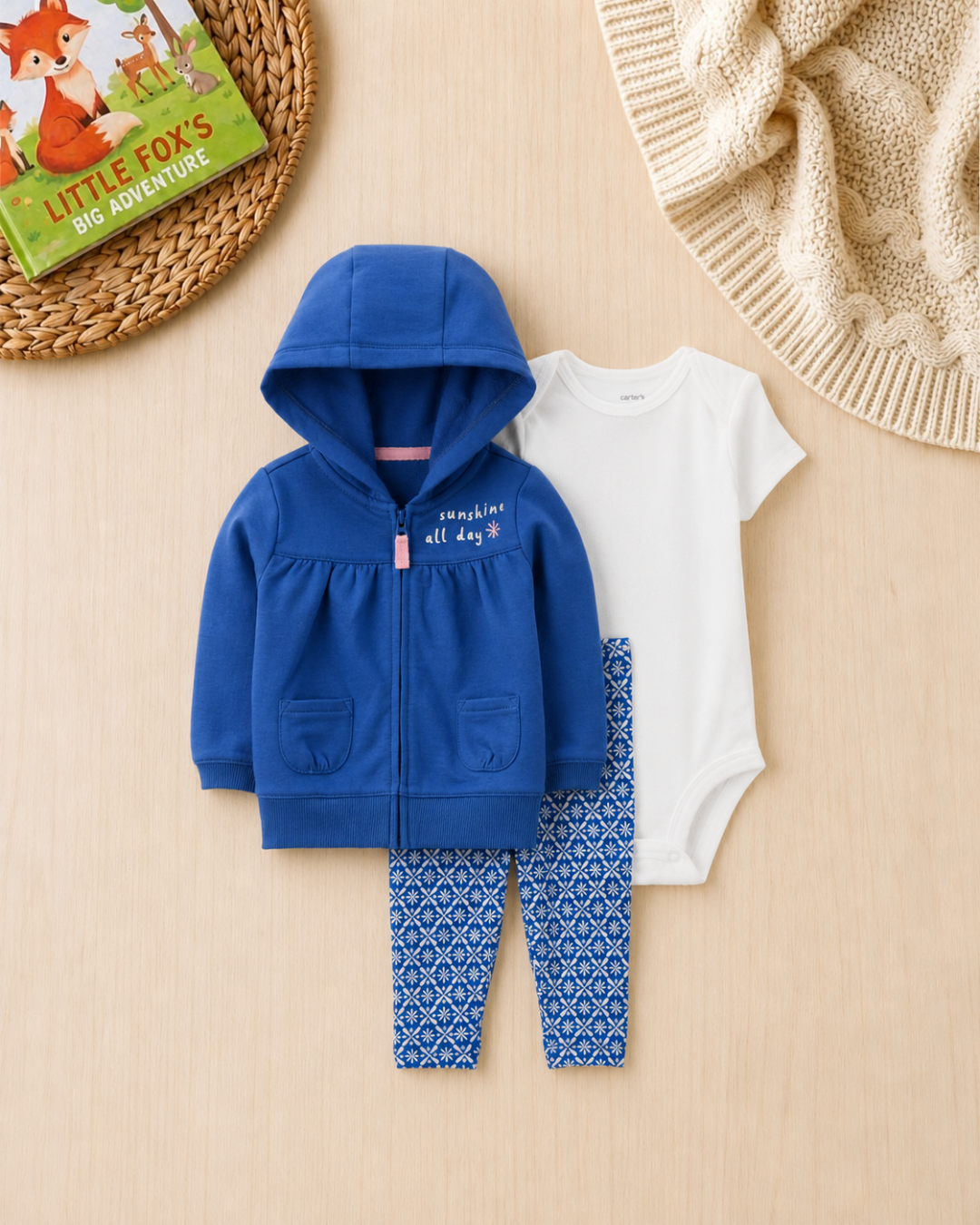 💙Original Carter’s Baby Girl 3-Piece "Sunshine All Day" Hoodie Set – Royal Blue & Geometric Print