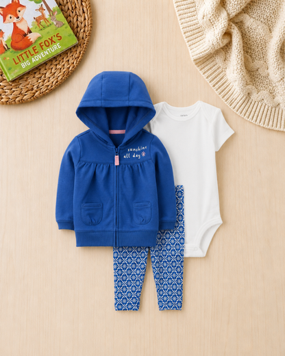 💙Original Carter’s Baby Girl 3-Piece "Sunshine All Day" Hoodie Set – Royal Blue & Geometric Print