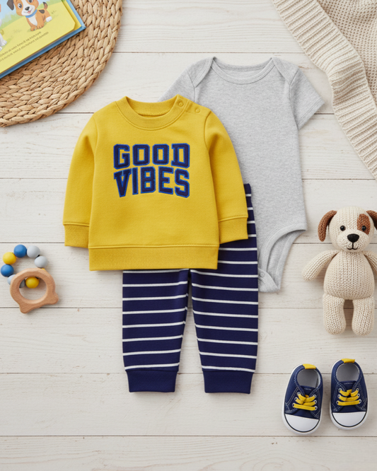 ☀️ Carter’s Baby Boy 3-Piece "Good Vibes" Pullover Set – Mustard & Navy