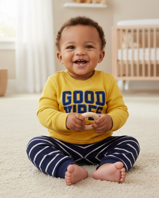 ☀️ Carter’s Baby Boy 3-Piece "Good Vibes" Pullover Set – Mustard & Navy
