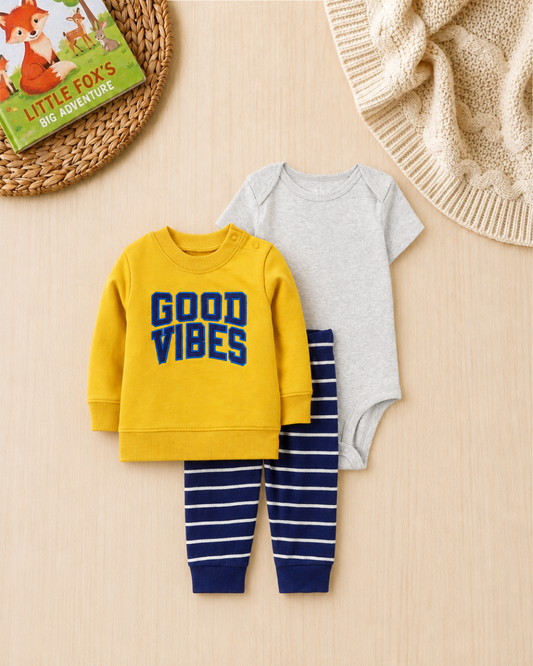 ☀️Original Carter’s Baby Boy 3-Piece "Good Vibes" Pullover Set – Mustard & Navy
