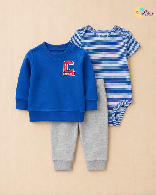 💙Original Carter’s Baby Boy 3-Piece "Captain" Pullover Set – Royal Blue & Heather Grey