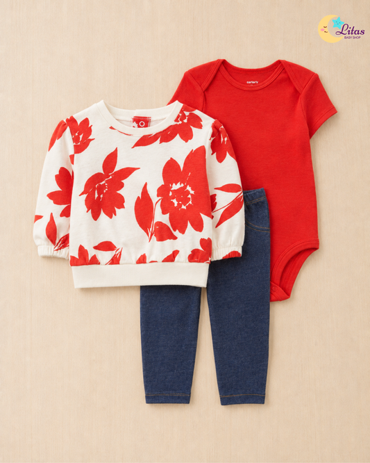 ❤️Original Carter’s Baby Girl 3-Piece "Crimson Floral" Pullover Set – Ivory & Denim