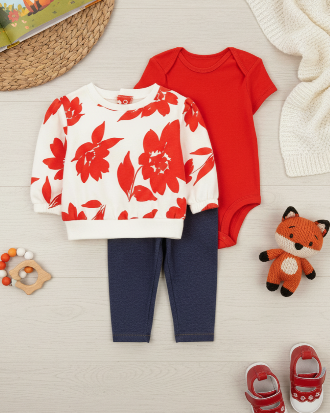 ❤️ Carter’s Baby Girl 3-Piece "Crimson Floral" Pullover Set – Ivory & Denim
