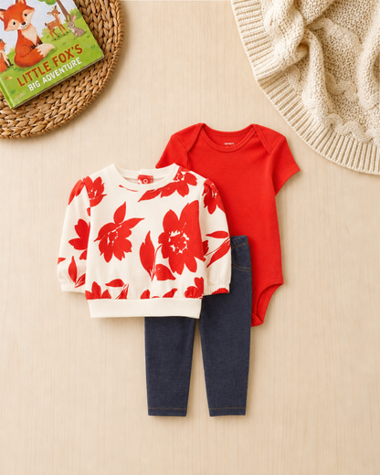 ❤️Original Carter’s Baby Girl 3-Piece "Crimson Floral" Pullover Set – Ivory & Denim