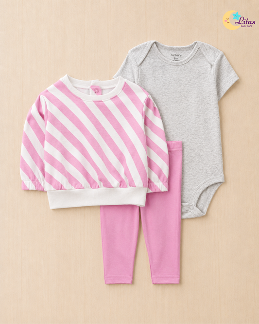 🌸Original Carter’s Baby Girl 3-Piece "Lila Stripes" Pullover Set – Lavender & Grey