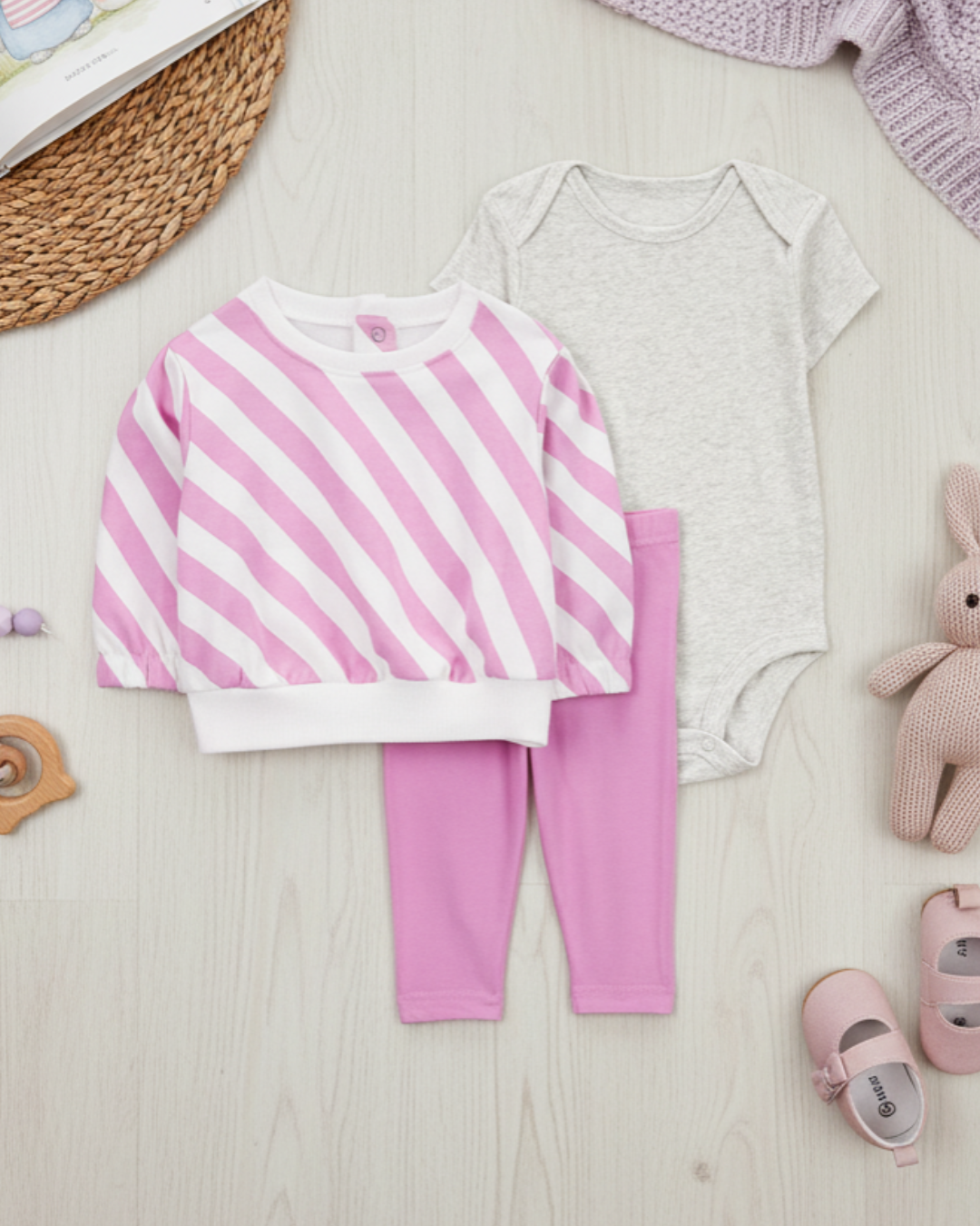 🌸 Carter’s Baby Girl 3-Piece "Lila Stripes" Pullover Set – Lavender & Grey