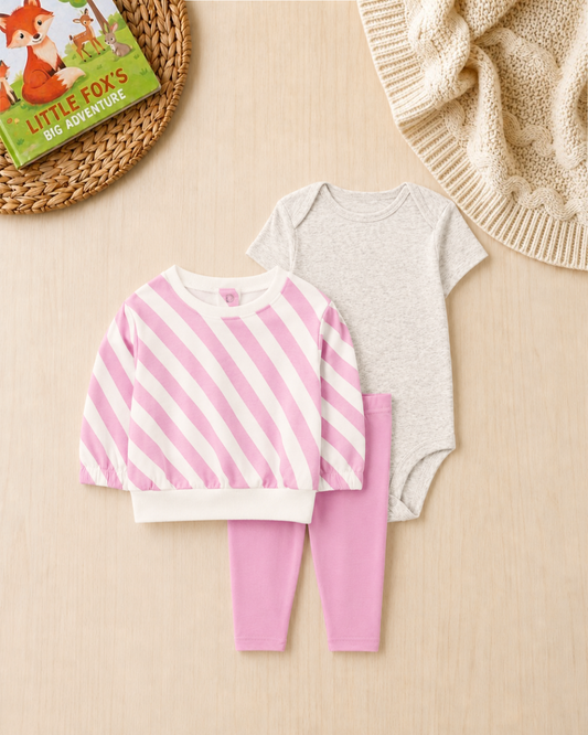 🌸Original Carter’s Baby Girl 3-Piece "Lila Stripes" Pullover Set – Lavender & Grey