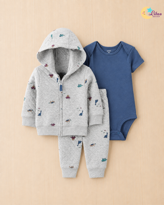 🦖 Carter’s Baby Boy 3-Piece "Quilted Dino" Hoodie Set – Heather Grey & Denim Blue