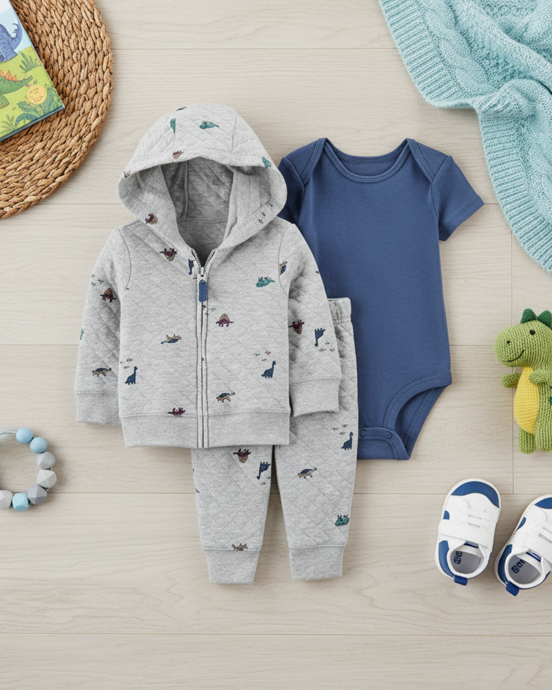 🦖 Carter’s Baby Boy 3-Piece "Quilted Dino" Hoodie Set – Heather Grey & Denim Blue