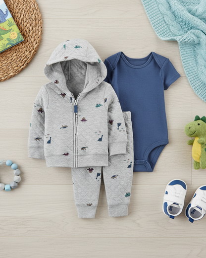 🦖 Carter’s Baby Boy 3-Piece "Quilted Dino" Hoodie Set – Heather Grey & Denim Blue