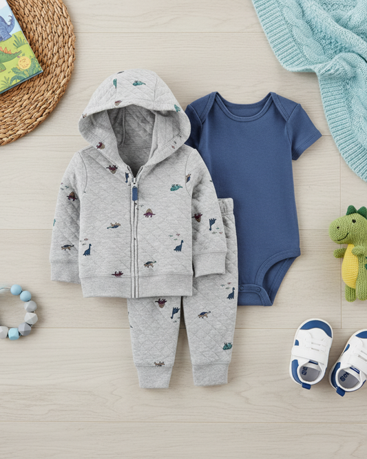 🦖 Carter’s Baby Boy 3-Piece "Quilted Dino" Hoodie Set – Heather Grey & Denim Blue