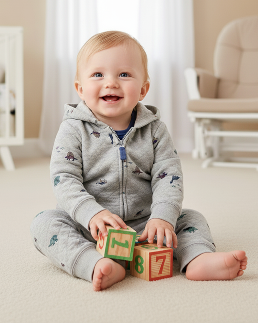 🦖 Carter’s Baby Boy 3-Piece "Quilted Dino" Hoodie Set – Heather Grey & Denim Blue