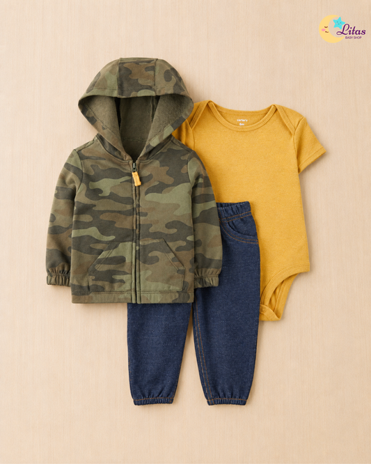 🌿 Carter’s Baby Boy 3-Piece "Camo Cool" Hoodie Set – Camouflage & Mustard