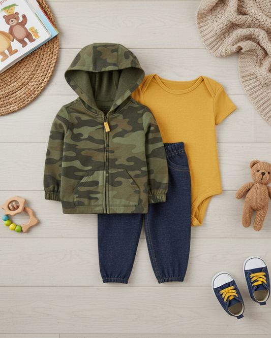 🌿 Carter’s Baby Boy 3-Piece "Camo Cool" Hoodie Set – Camouflage & Mustard