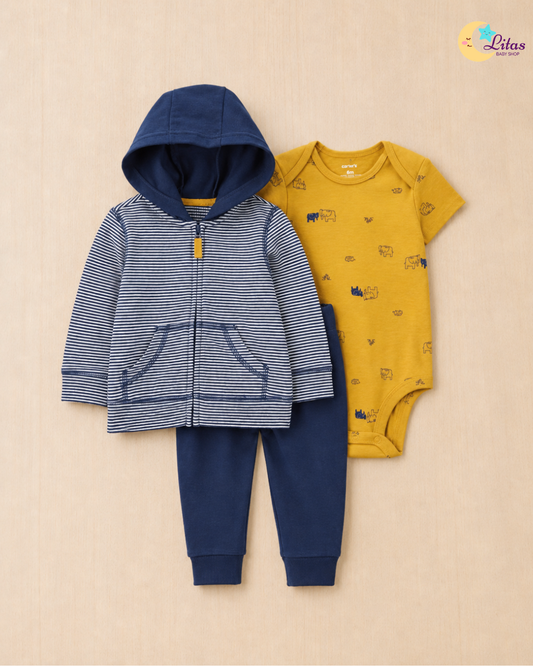🐘 Carter’s Baby Boy 3-Piece "Elephant Adventure" Hoodie Set – Navy & Mustard