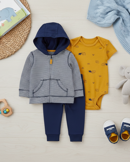 🐘 Carter’s Baby Boy 3-Piece "Elephant Adventure" Hoodie Set – Navy & Mustard