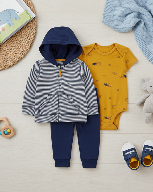 🐘 Carter’s Baby Boy 3-Piece "Elephant Adventure" Hoodie Set – Navy & Mustard