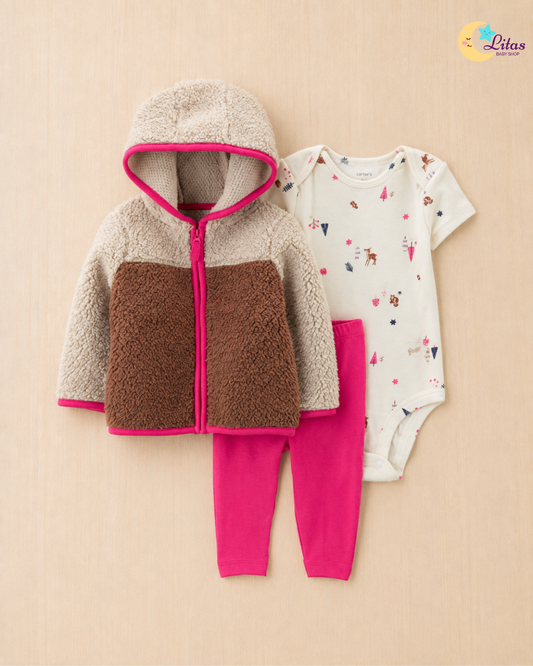 🍂 Carter’s Baby Girl 3-Piece "Autumn Friends" Sherpa Set – Oatmeal, Brown & Pink