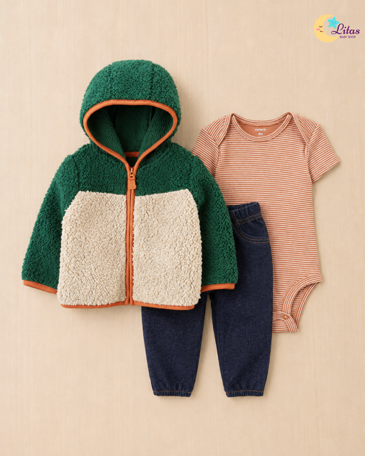 🌲 Carter’s Baby Boy 3-Piece "Rustic Ranger" Sherpa Set – Green, Beige & Stripe