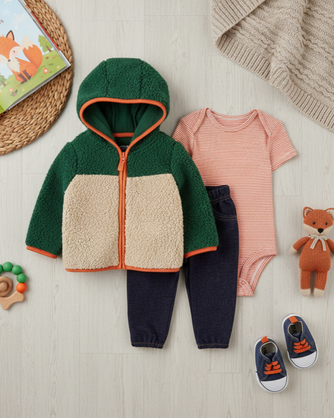 🌲 Carter’s Baby Boy 3-Piece "Rustic Ranger" Sherpa Set – Green, Beige & Stripe