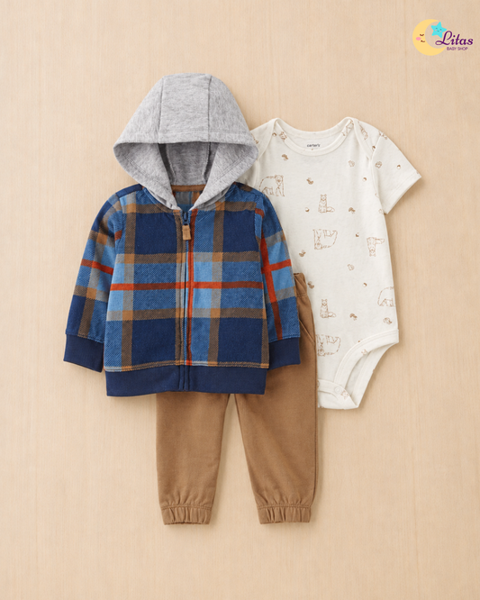 🌲 Carter’s Baby Boy 3-Piece "Lumberjack Log" Set – Navy Plaid & Brown