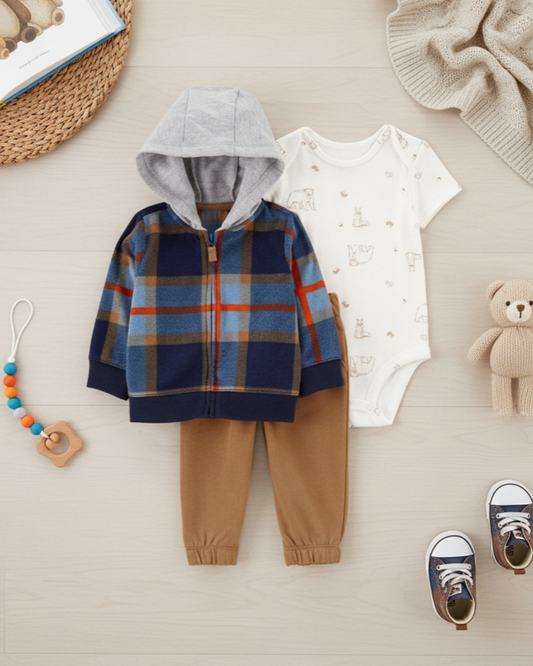 🌲 Carter’s Baby Boy 3-Piece "Lumberjack Log" Set – Navy Plaid & Brown