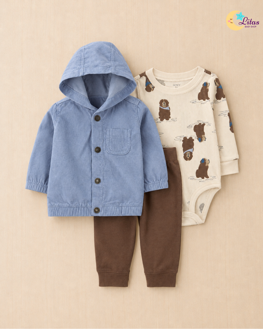 🐻 Carter’s Baby Boy 3-Piece "Corduroy & K9" Hoodie Set – Dusty Blue & Walnut