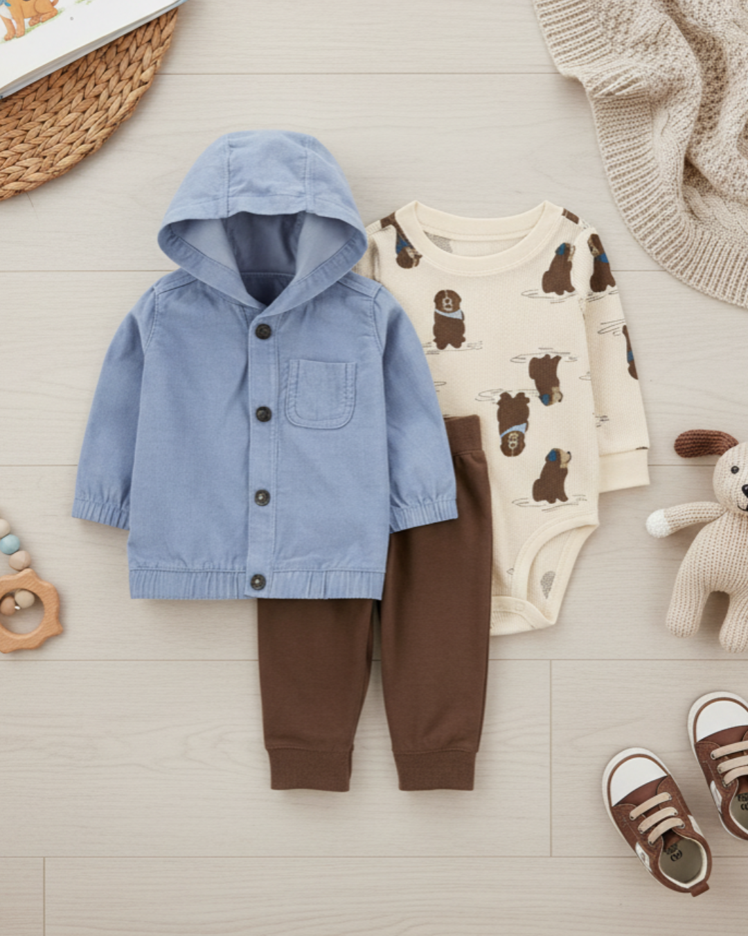 🐻 Carter’s Baby Boy 3-Piece "Corduroy & K9" Hoodie Set – Dusty Blue & Walnut