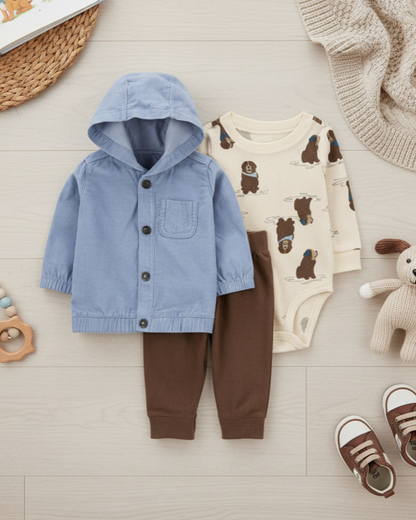 🐻 Carter’s Baby Boy 3-Piece "Corduroy & K9" Hoodie Set – Dusty Blue & Walnut