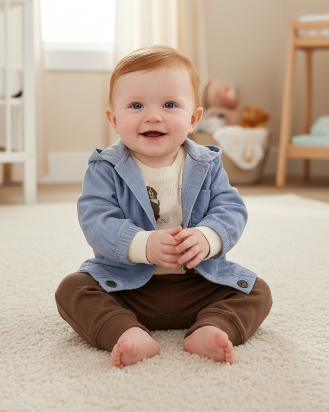 🐻 Carter’s Baby Boy 3-Piece "Corduroy & K9" Hoodie Set – Dusty Blue & Walnut