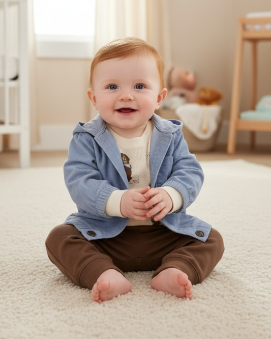 🐻 Carter’s Baby Boy 3-Piece "Corduroy & K9" Hoodie Set – Dusty Blue & Walnut