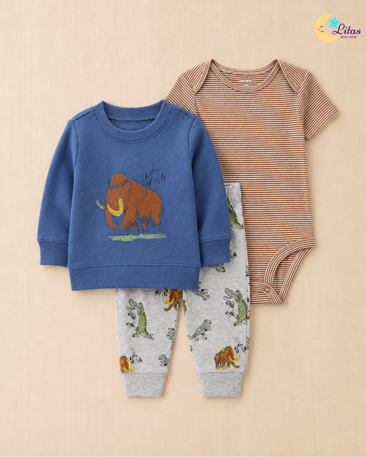 🦣Original Carter’s Baby Boy 3-Piece "Prehistoric Pals" Pullover Set – Denim Blue & Grey