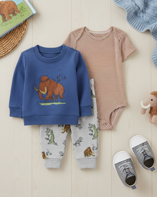 🦣 Carter’s Baby Boy 3-Piece "Prehistoric Pals" Pullover Set – Denim Blue & Grey